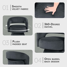 Lexicon 360 Degree Swivel Accent Chair, Modern Comfy Velvet Round Barrel Chair, Open Back, Plush Foam Cushions, Metal Swivel Base for Living Room/Bedroom/Office, Dark Gray
