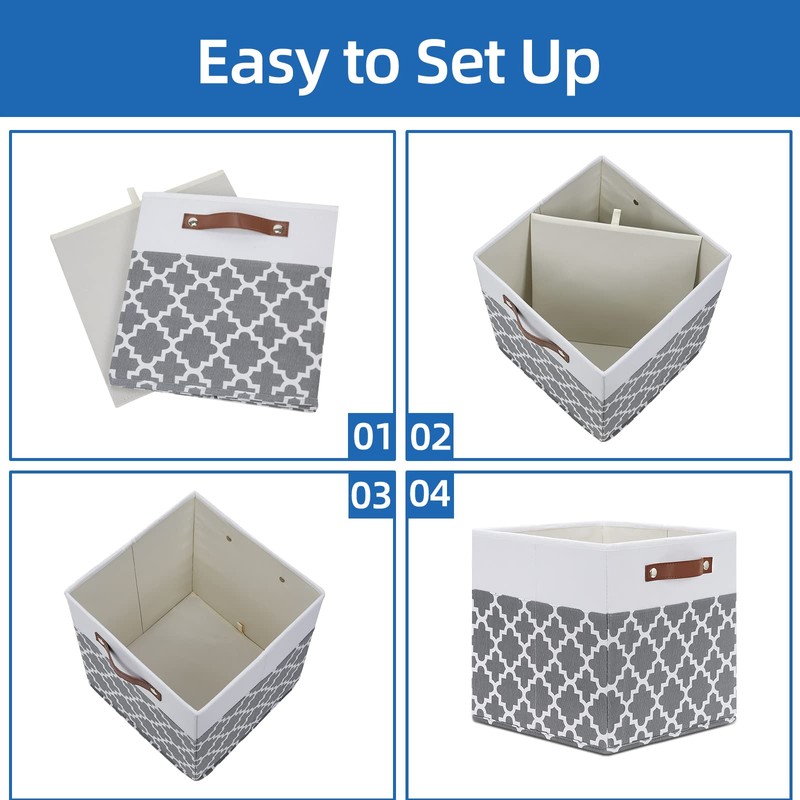 Temary 12x12x12 Fabric Storage Bins 4 Pack with Leather Handle,