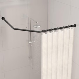 Crkmire Corner Shower Curtain Rod, Diamond Shaped [Both Sides: 22" - 34.8", Middle: 28" - 43.7"] Adjustable Bathroom Bathtub Shower Rod with 12 Hooks & Ceiling Support