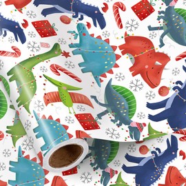 RUSPEPA Christmas Dinosaur Wrapping Paper Roll for Boys, Mini Roll, Cute Dinosaur with Santa Hat, Snowflake and Candy Cane Design, Gift Wrap for Kids Holiday Gifts, Party, 17 Inches x 16.4 Feet