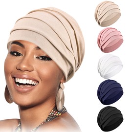 Syhood 5 Pieces Women Turban Sleep Cap Skull Cap Slouchy Beanie Soft Bonnet Hat Women for Sleeping Hair Loss, Black, White, Khaki, Navy, Pink, One Size