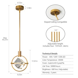 Modern Crystal Pendant Light in Gold Brushed Brass Finish Mini LED Light Fixtures Metal Rod Ceiling Gold Chandelier for Kitchen Island Bedroom Dining Room Bar(1-Lights)