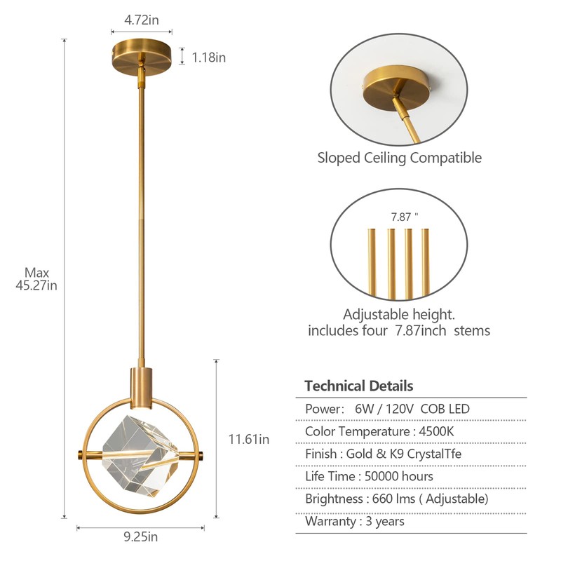 Modern Crystal Pendant Light in Gold Brushed Brass Finish Mini