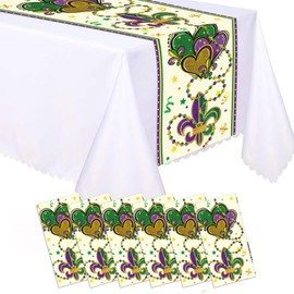 LJ 6 Pcs Plastic Irises Happy Mardi Gras Table Runners 14" x 108" Irises Beads Love Mardi Gras Table Runner Mardi Gras Party Decoration Carnival Theme Birthday Party Supplies Disposable Table Runner