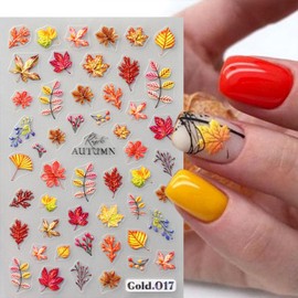 QEYRIYI 4 Sheets Fall Maple Leaf Nail Art Stickers Decals 3D Embossed Self-Adhesive Autumn Red Orange Maple Leaves Nail Stickers Thanksgiving Nail Decals Supplies for Women DIY Manicure Decorations