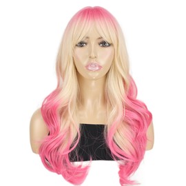 onemily 26Inch Pink Wigs Long Wavy Pink Mixed Blonde Wig with Bang for Women Synthetic Cosplay Wigs for Daily Party Use