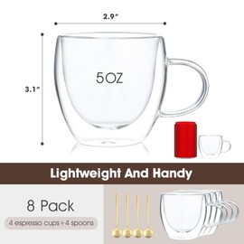 Espresso Cups Set Of 4,Double Wall 5OZ Hand Blown coffee Shots Glass,Espresso Coffee Mugs In Gift Box,Perfect For Espresso,Latte,Cappuccinos,Tea Bag,Juice