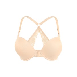 Upushall Women's Push Up Front Closure Lace Bra Thick Padded Seamless Racerback Back Underwire Bra Add Two Cup Lace Beige 36D