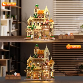 INSOON City Bakery Cafe House Building Set with Light, 1289 PCS Baking Shop Building Block Toy with Coffee Cake Bread Bakery Room, Pastry Construction Model for Adults Teens Kids Boys Girls Ages 8-12+