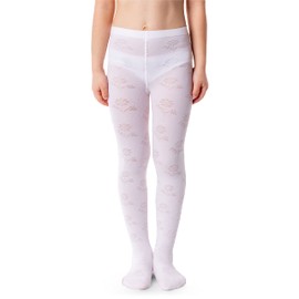 NOQ Girls Tights with 3D Effect Pattern Plain Dance Gymnastic School Pantyhose Fancy Outfit Little Princess, Balbina Bianco 4-5 years (104-110 cm)