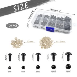 Quacc 100 PCS Safety Eyes with Washers, Black Plastic Toy Eyes for Crochet Crafts, DIY Craft Dolls, Stuffed Animals, Teddy Bears (6-12 mm)