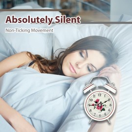 A5 Twin Bell Non-Ticking Silent Bedside Alarm Clock, Retro, Victorian Style, Metal Construction, Ø8cm, Analogue, Extra Loud, with Nightlight, for Bedroom Office Travel Elderly Children Girl (ROSE)