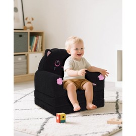 QIUODO Cartoon Animals Kids Couch, Sherpa Cat Toddler Couches That Fold Out, Toddler Chair Comfy, Kids Furniture for Playroom for Girls and Boys （Medium）