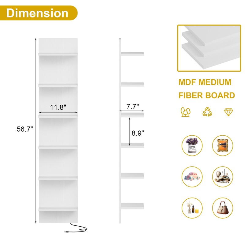 Qupui 6-Tier Wall Shelf with RGB LED, 57" Floating Storage,