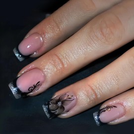 BABALAL Press on Nails Medium Square Fake Nails Black French Tip Glue on Nails Flower Gothic Acrylic Nails False Nails Squoval Nails 24Pcs Full Cover Artificial Nails for Women Girls