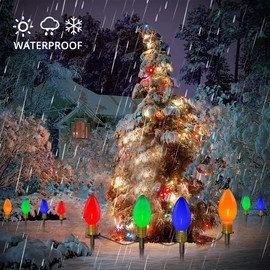 Pallerina C9 LED Pathway Lights 7Ft Christmas Pathway Lights, Multicolor Pathway Lights Outdoor with 4 Marker Stakes Connectable Holiday Commercial Christmas Decoration UL Listed - Green Wire