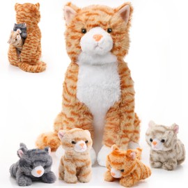 HyDren 5 Pcs Cat Stuffed Animal 13. 78 Inch Large Plush Cat Mommy with 4 Kittens for Boys Girls Birthday Halloween Christmas Party Favors(Orange)