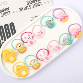 12PCS Easter Hair Ties for Girls Rabbit Hair Tie Baby Toddler Hair Bands Cartoon Small Bunny Chick Easter Eggs Hair Scrunchie Colorful Ponytail Holders for Kids Cute No Damage Hair Accessories