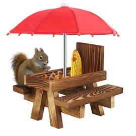 Sonhomay Outdoor Wooden Squirrel Feeder Funny Squirrel Feeding Table with An Umbrella for Garden Yard Tree