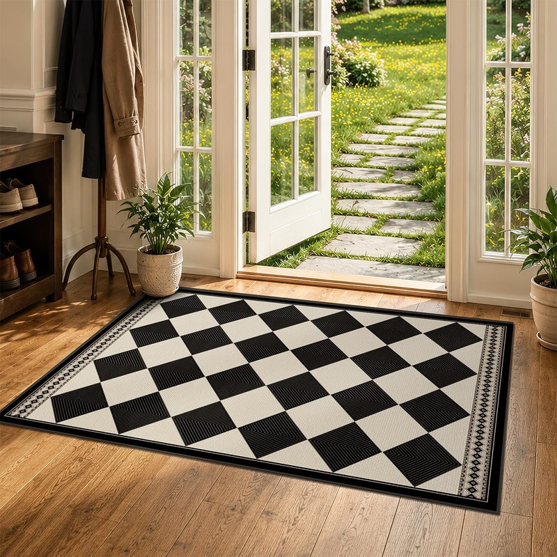 Black and White Diamond Outdoor Easy Jute Front Porch Rug