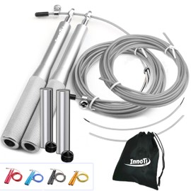 InnoTi Skipping Rope Adult Fitness - With or Without Ballast - Speedrope Rope Skipping Crossfit for Boxing - Non-Slip Lightweight Aluminium Handles for Double Unders (Silver with Weights)