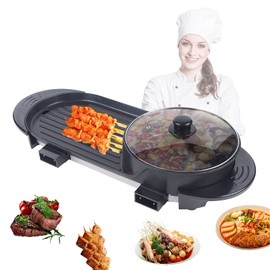 Kathring Electric Hot Pot with Grill, 110V Multifunctional BBQ Hot Pot Separate Double Thermostat Teppanyaki Grill Pot Electric Hotpot Pot Electric Grill, 5 Speeds, Black