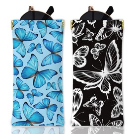 GLOBLELAND 2Pcs Blue Butterfly Soft Glasses Case Black and White Travel PU Leather Glasses Bag Butterfly Insect Portable Squeeze Top Eyeglass Case Pouch for Sunglasses Watches Phones Makeup Brushes