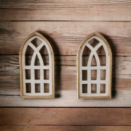 Set of 2 Mini Farmhouse Wood Whitewaters 19" Cathedral Windows, Wood Window - Farmhouse White Mini Cathedral