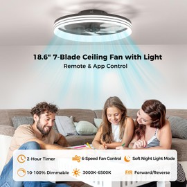 Aphyni Ceiling Fans with Lights and Remote, Low Profile Ceiling Fan, Modern Flush Mount LED Fan Light, 6 Wind Speeds Fandelier Ceiling Fan with Light for Bedroom, 3000-6500K Dimmable (18.6" Black)
