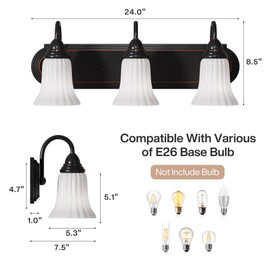 Tribesigns 3-Light Bathroom Light Fixtures, Black Vanity Lights for Bathroom with Milky White Glass Shades, Vintage Wall Sconce Light for Mirror, E26 Socket, Vanity Bathroom/Bedroom/Living Room