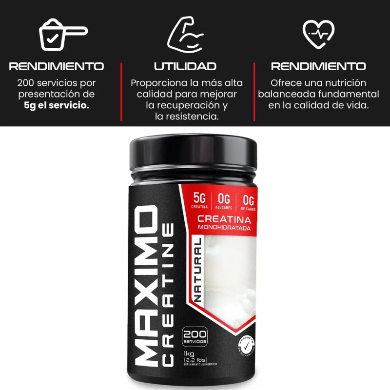 Creatina Monohidratada Maximo Protein 1kg 200 Porciones Natural