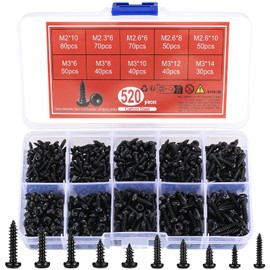 qxayxa 520 Pcs Self Tapping Screws, Black Screws for Wood Screws Assortment Kit, Torx Pan Head Screws, Round Head Tapping Screws for Plastic Wood Metal - M2/M2.3/M2.6/M3