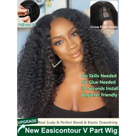 KLAIYI EasiContour V Part Wig Human Hair 4C Kinky Curly Glueless Wear And Go Clip In Half Wig Upgrade Upart Wigs for Women No Leave Out No Glue Beginner Friendly Natural Black Color Ready to Go 18Inch
