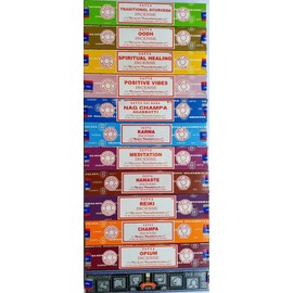Satya Incense Set 12 x 15gram Includes: Nag, Super Hit, Oodh, Positive Vibes, Namaste, Champa, Opium, Reiki, Spiritual Healing, Karma, Traditional Ayurveda and Meditation, Wood, Multi, Packs