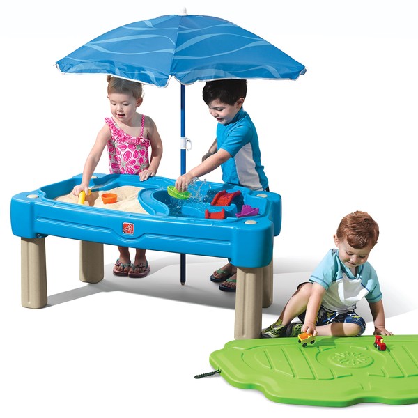 Step2 Cascading Cove Sand & Water Table with Umbrella | Kids Sand & Water Play Table with Umbrella | 6-pc Accessory Set Included, Blue