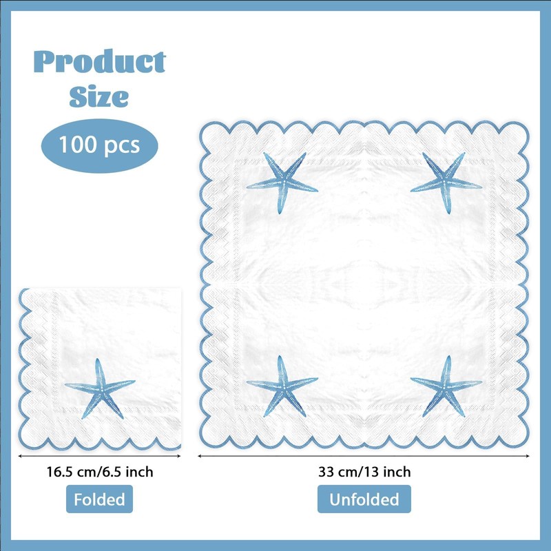 100 Pcs Starfish Light Blue Scalloped Paper Napkins 6.5 x