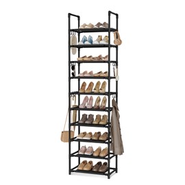 VTRIN 10 Tiers Tall Shoe Rack Holds 20-25 Pairs of Shoes Sturdy Vertical Shoe Organizer with 18pcs Hooks Stackable Narrow Shoe Rack for Closet, Entryway Black