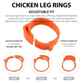 100 pcs Chicken Leg Rings, Numbered Tag Markers for Poultry-Bands Clip-on Bird Adjustable Foot Label Rings for Pigeon Chicks Bantam Duck Goose with Buckle (Orange)