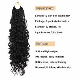 8 Packs Crochet Box Braids with Curly Ends Boho Braids 10 Inch Goddess Box Braids Crochet Hair Bohemian Box Braid Hair (1B, 10 inch 8 pack)