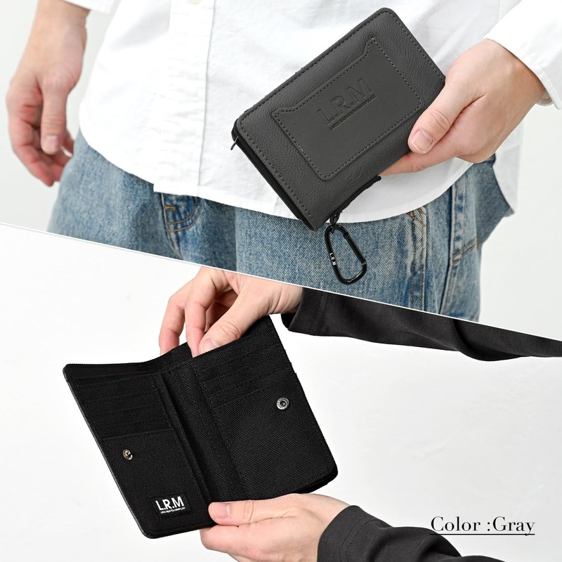 Naru Men's Bifold Wallet, Compact, Leather, L-Shaped Zipper, Includes Carabiner,
