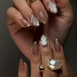30 piezas de uñas postizas almendradas cortas de verano, uñas postizas con punta francesa de concha marina, uñas postizas, uñas acrílicas con rayas do