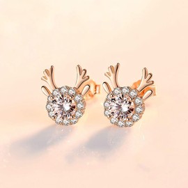 wynn's Silver Christmas Stud Earrings for Women, 925 Sterling Silver Rose Gold Xmas Reindeer Stud Earrings, 10mm Small Sleeper Studs with AAAAA White Cubic Zirconia, Gift for Christmas