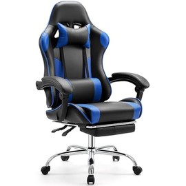 Ergonomic Video Game Computer Chairs with Footrest & Comfortable Lumbar Support,Height Adjustable Reclining Chair in PU Leather with Headrest and Fixed Armrests, 360° Swivel, Black&Blue
