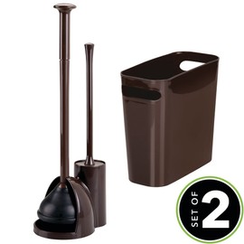 mDesign Compact Freestanding 2-in-1 Plastic Toilet Bowl Brush/Plunger/Trash Wastebasket Garbage Can Combo, Home Bathroom Storage, Sturdy Cleaning Accessories, Aura Collection, Set of 2, Dark Brown