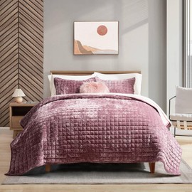 RECYCO Luxury Velvet Quilt Set Twin/Twin XL Size, Lightweight Velvet Comforter Set, Oversized Bedspread Coverlet Quilted Bedding Set, with 1 Matching Pillow Sham, for All Season, Dusty Mauve Pink