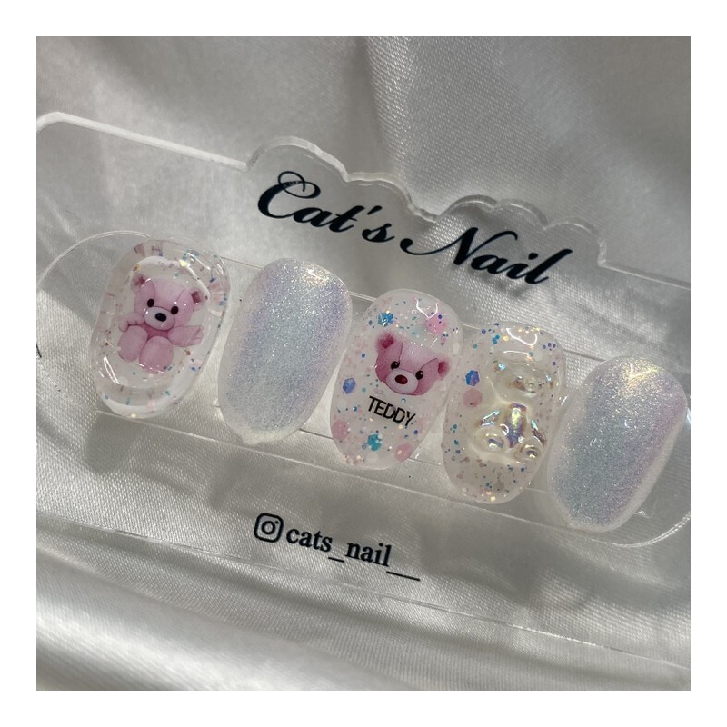 Glitter Teddy Bear Nail Handmade Nail Tips - Coffin /
