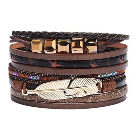 Womens Leather Cuff Bracelet Feather Multi Bracelet Wrap Bracelet Boho Bangle Braided Leather Wristbands Bohemian Jewelry (Coffee, 19CM)
