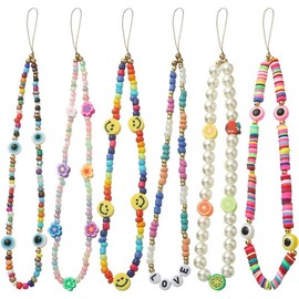 6PCS Beaded Phone Lanyard Wrist Strap Face Beaded Phone Charm Fruit Star Pearl Rainbow Color Beaded Phone Chain Strap for Women