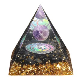 mookaitedecor Amethyst Stone Crystal Pyramid with Obsidian Tumbled Stones Crystal Ball and Chakra Symbol, Energy Generator for Protection Reiki Healing Meditation Office Home Decoration