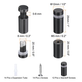 sourcing map 12 Pcs 1/2" x 1" Standoff Screws Stainless Steel Wall Mount Sign Mounting Hardware Kit with 14pcs Screws for Hanging Acrylic Glass Signs Advertising Boards, Black